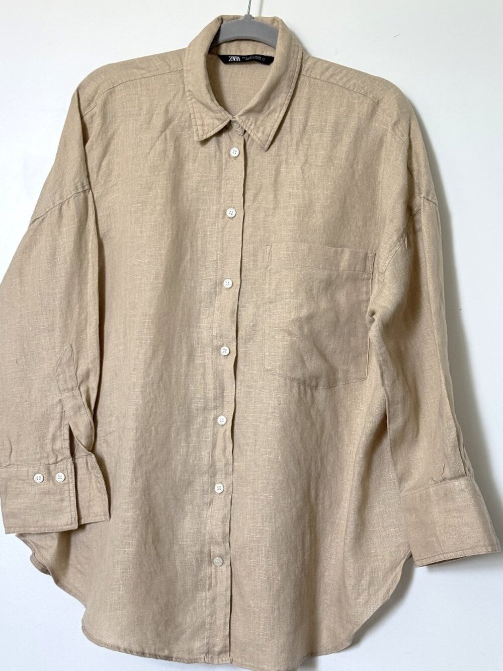 Zara linen shirt Women's beige long sleeve blouse size L
